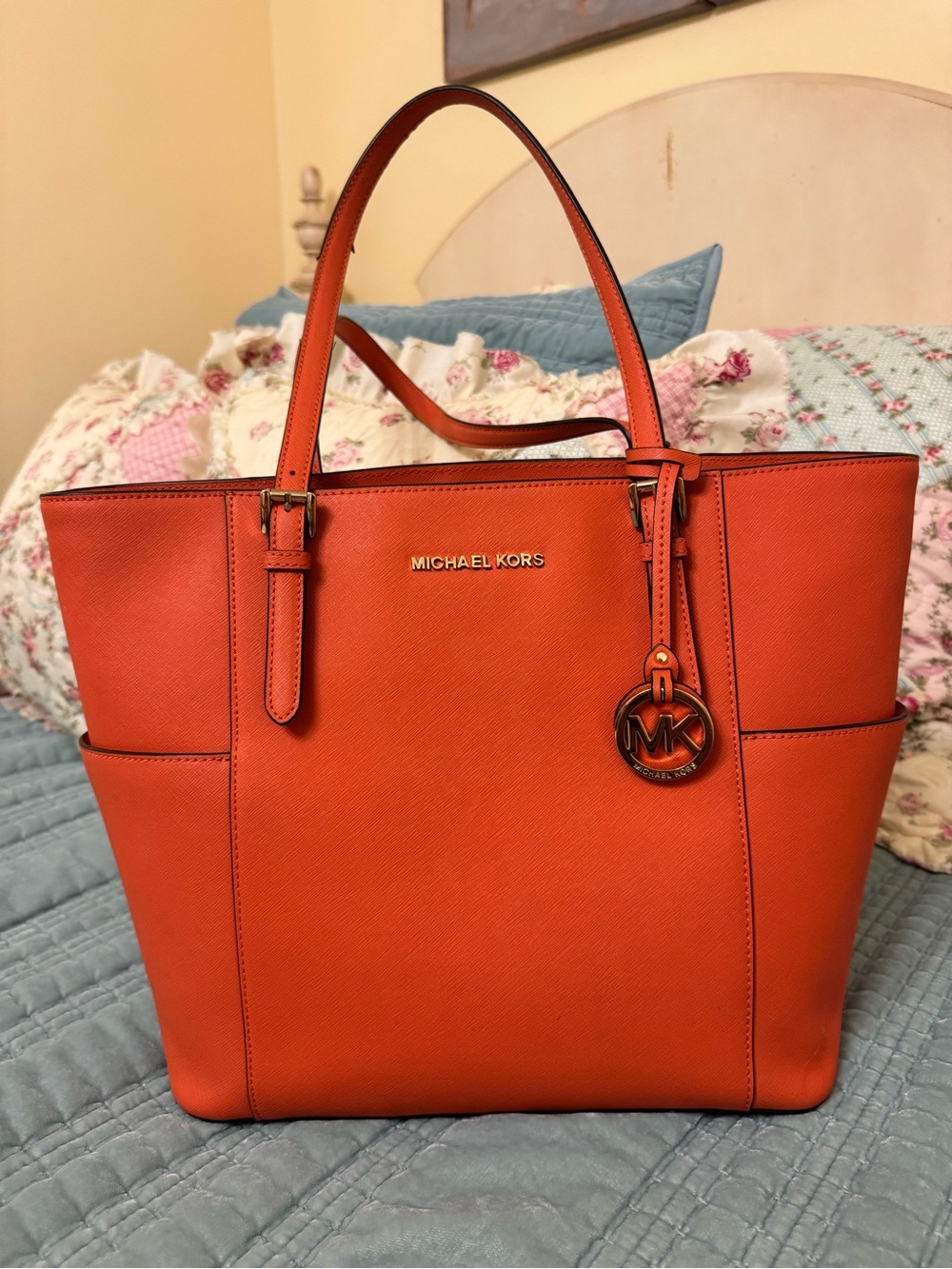 Michael Kors Bright Orange Saffiano Tote with MK Charm